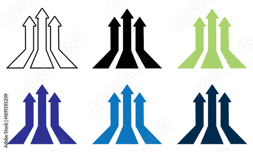Three up arrow icon set isolated on white background. 3 arrows strips background, business arrow target direction concept to success. arrow, up, progress, upward, grow, increase, vector