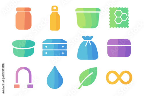Reusable Container Icons. Gradient icons set of reusable container solutions: glass jar with lid, stainless steel bottle, silicone