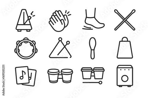 Rhythm Tools Icons. Outline icon set of rhythm learning tools: metronome, hand clapping, foot tapping, drumsticks, tambourine,
