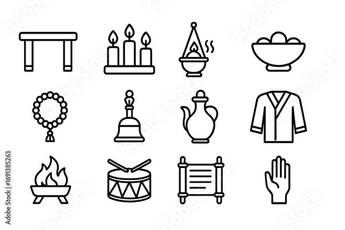 Rituals Icon Set. Outline icon set of Rituals and ceremonies: altar table, lit candles, incense burner, offering bowl, prayer