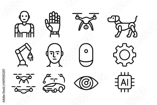 Robotic Icons Collection. Outline icon set of robotics and AI aesthetics: humanoid robot, mechanical hand, drone, robotic dog,