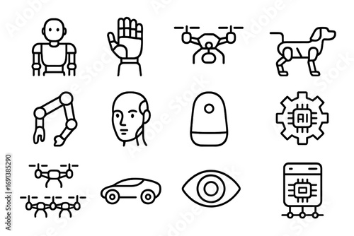 Robotic Icons Collection. Outline icon set of robotics and AI aesthetics: humanoid robot, mechanical hand, drone, robotic dog,