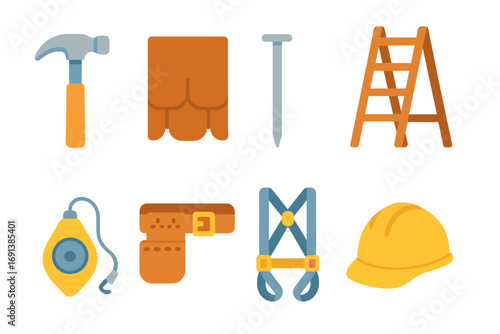 Roofing Tools Illustrations. Flat vector mini-illustrations Roof shingle nailing in colors children's illustrations: roofing