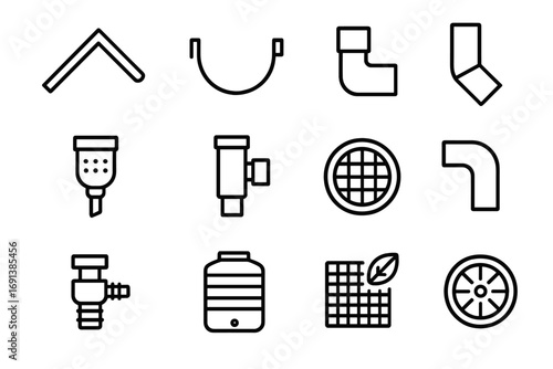 Rooftop Water Collection Icons. Outline icon set of rooftop water collection: sloped roof, gutter end cap, gutter hanger,
