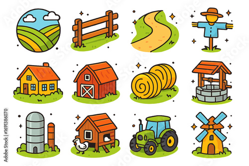 Rural Landscape Icons. Colorful isometric vector icons set of rural landscapes: rolling hills, wooden fences, dirt road, scarecrow