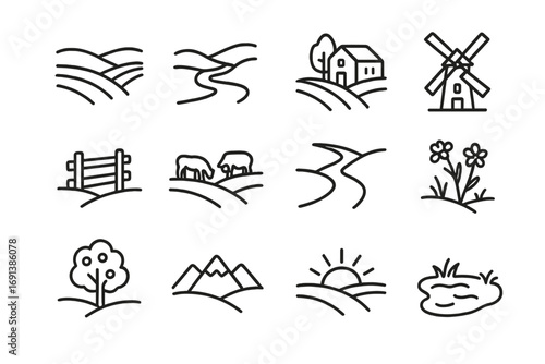 Rural Landscape Icon Set. Outline icon set of rural landscapes: rolling hills, river, farmhouse, windmill, wooden fence, grazing