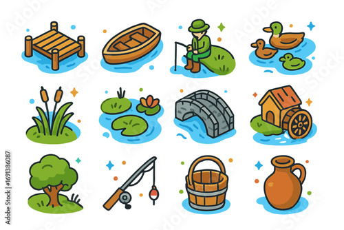 Rural Waterway Icons. Colorful isometric vector icons set of rivers and lakes in rural areas: wooden pier, small boat, fisherman,