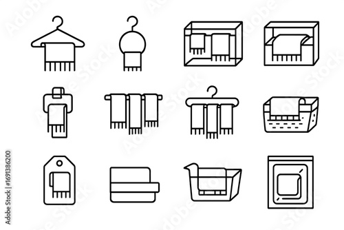 Scarf Storage Icons. Outline icon set of Scarf and shawl organization: scarf hanger, ringed scarf hanger, scarf drawer divider,