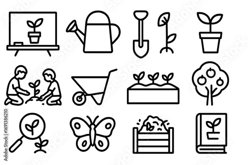 School Garden Icons. Outline icon set of school and educational gardens: chalkboard with plant, watering can, shovel, seedling in