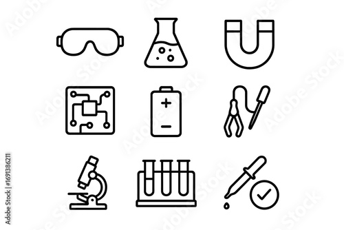 Science Icon Set. Outline icon set of science challenge stations: lab goggles, beaker, magnet, circuit board, battery, wire clip,