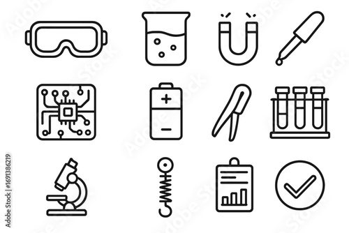 Science Icon Set. Outline icon set of science challenge stations: lab goggles, beaker, magnet, circuit board, battery, wire clip,