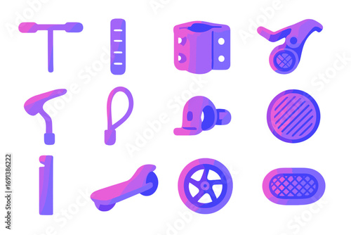Scooter Components Icons. Gradient icons set of scooter and kickboard grips: T-bar handle, foam grip, clamp bolt, folding latch,
