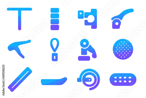 Scooter Components Icons. Gradient icons set of scooter and kickboard grips: T-bar handle, foam grip, clamp bolt, folding latch,