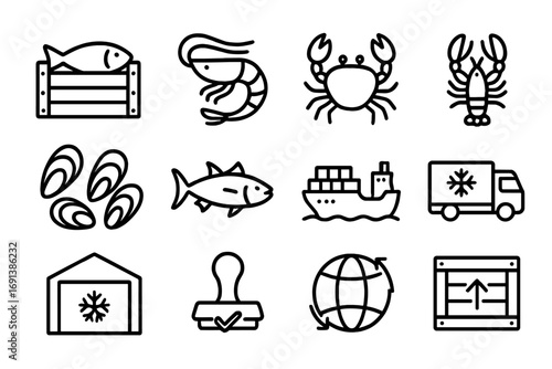 Seafood Trade Icons. Outline icon set of seafood trade and exports: fish crate, shrimp icon, crab, lobster, mussels, tuna, cargo
