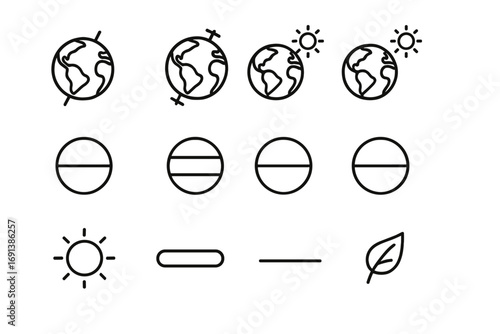 Seasonal Icon Set. Outline icon set of Seasons & axial tilt: tilted axis globe, Earth at March equinox, Earth at June solstice,