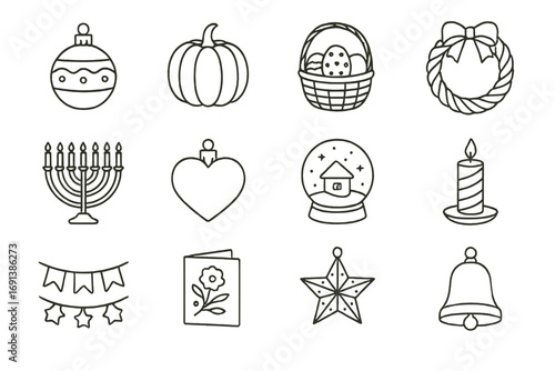 Seasonal Decor Icons. Outline icon set of vintage home decor with seasonal and holiday items: Christmas glass ornament, ceramic