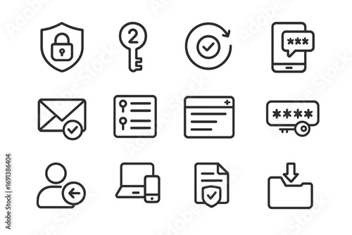 Security Icons Grid. Outline icon set of security and account protections: shield lock, 2FA key, authenticator app, SMS code,