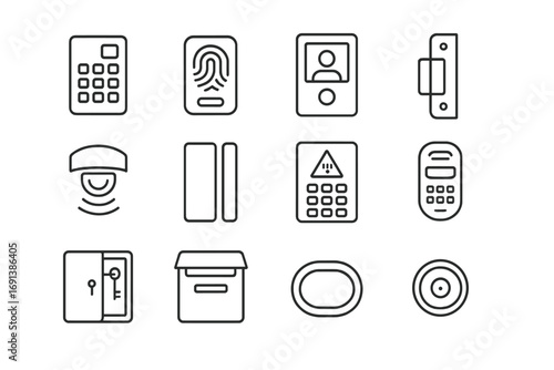 Security Icons Set. Outline icon set of security and entry systems: keypad lock, fingerprint reader, video intercom, door strike,
