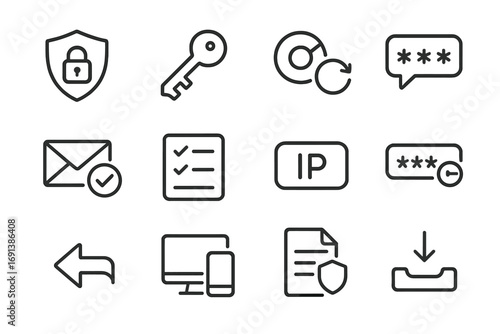 Security Icons Grid. Outline icon set of security and account protections: shield lock, 2FA key, authenticator app, SMS code,