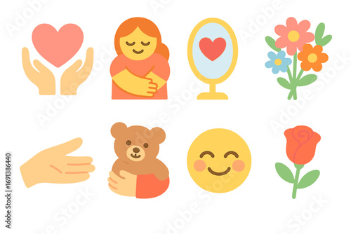 Self-Love Icons. Flat vector mini-illustrations Self-love and compassion in colors children's illustrations: heart held in hands,