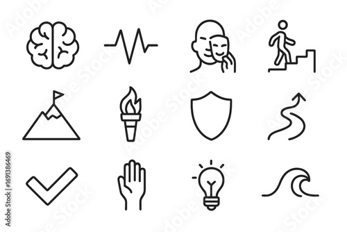 Icon Sets_ Fear and Fitness. Outline icon set of mentorship and support: mentor avatar, mentee avatar, speech bubble, lightbulb,