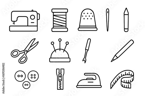 Sewing Essentials Icons. Outline icon set of sewing essentials: sewing machine, thread spool, thimble, hand needle, fabric shears,
