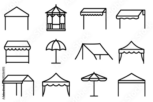 Shade Canopy Icons. Outline icon set of shade canopies: pop-up canopy, garden gazebo, pergola, retractable awning, market stall