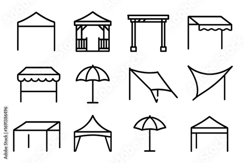 Shade Canopy Icons. Outline icon set of shade canopies: pop-up canopy, garden gazebo, pergola, retractable awning, market stall
