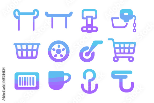 Shopping Cart Icons. Gradient icons set of shopping cart and trolley grips: dual grip handle, push bar, child seat strap, coin