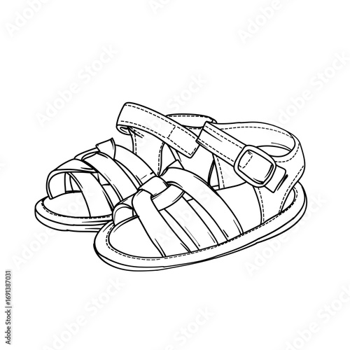 A simple black and white line drawing of a pair of toddler sandals featuring multiple straps over the foot and an ankle strap with a buckle.