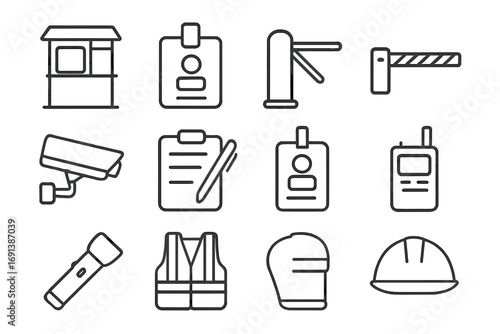 Site Security Icon Set. Outline icon set of site entrance security checks: guard booth, ID badge, turnstile, barrier gate, CCTV