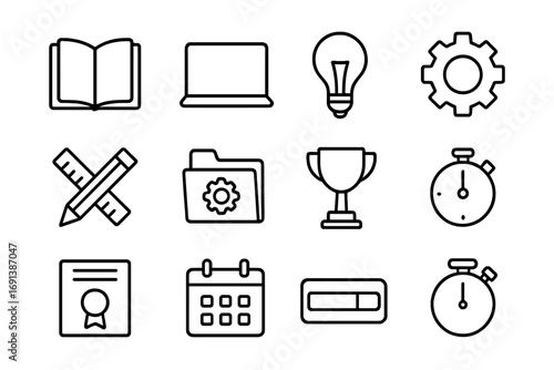 Skill Mastery Icons. Outline icon set of mastering new skills: open book, laptop, lightbulb, gear, ruler, pencil, project folder,