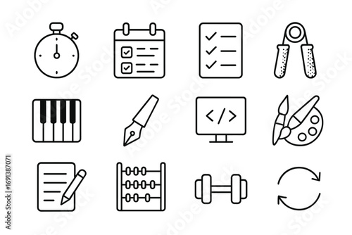 Skill Practice Icons. Outline icon set of skill practice and repetition: stopwatch, calendar with tasks, checklist with ticks,