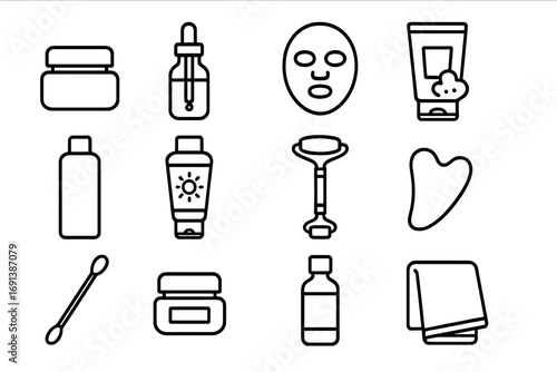 Skincare Icon Set. Outline icon set of skincare routine by vanity: face cream jar, serum dropper, face mask, cleansing foam tube,