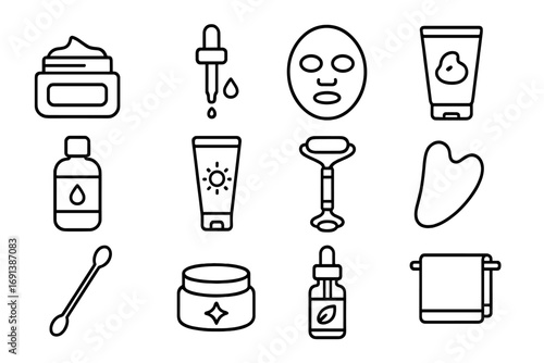 Skincare Icon Set. Outline icon set of skincare routine by vanity: face cream jar, serum dropper, face mask, cleansing foam tube,