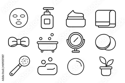 Skincare Routine Icons. Outline icon set of bath time skincare routine: face mask, cleanser bottle, moisturizer jar, towel,