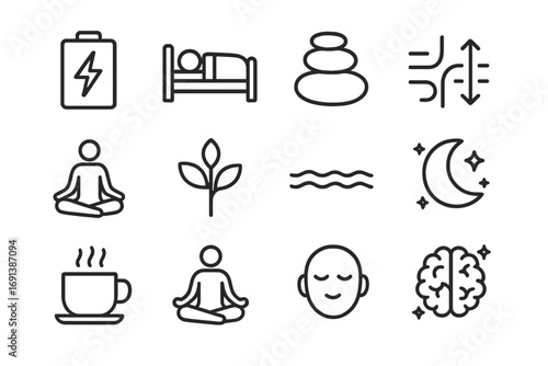 Sleep and Stress Icons. Outline icon set of sleep and stress recovery: battery recharging, sleeping person in bed, zen stone stack