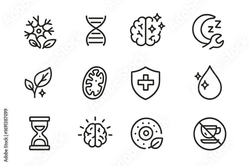 Sleep and Brain Icons. Outline icon set of sleep and brain repair: neuron regeneration icon, DNA strand, brain with sparkles,