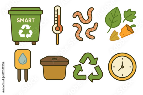 Smart Compost Bin Illustrations. Flat vector mini-illustrations Smart compost bin in colors children's illustrations: compost bin,