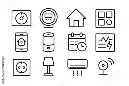 Smart Home Icon Set. Outline icon set of home energy management system: thermostat, smart meter, home outline, control panel,
