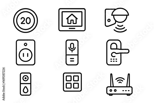 Smart Home Icon Set. Outline icon set of smart home automation hub: smart thermostat, wall tablet controller, light dimmer,