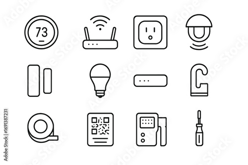 Smart Home DIY Icons. Outline icon set of Smart home DIY: smart thermostat, Wi-Fi router, smart plug, motion sensor, door/window