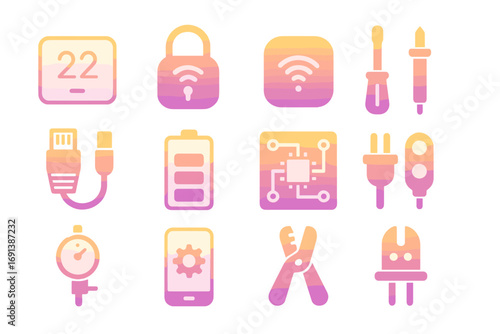 Smart Home Repair Icons. Gradient icons set of smart home device repair tools: smart thermostat, smart lock, hub device,