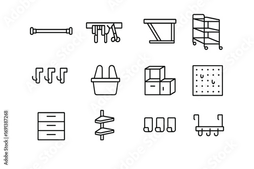 Smart Storage Icons. Outline icon set of smart storage hacks: tension rod, magnetic strip, foldable shelf, rolling cart, door