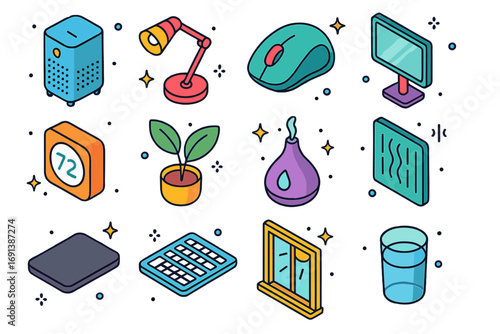 Smart Work Environment Icons. Colorful isometric vector icons set of smart environments for work: air purifier, desk lamp,