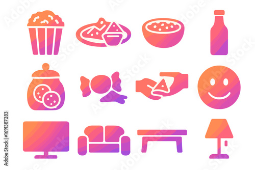 Snack Sharing Icons. Gradient icons set of snack sharing during show: popcorn bucket, nacho plate, salsa bowl, soda bottle, cookie