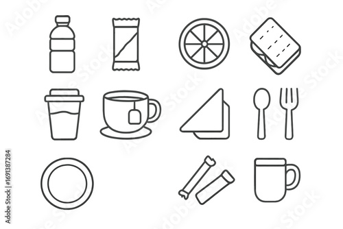 Snack Icon Set. Outline icon set of refreshment and snack unpacking: water bottle, snack bar, fruit slice, sandwich, coffee cup,