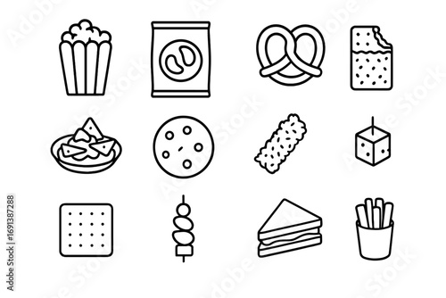 Snack Icons Grid. Outline icon set of snacks and small bites: popcorn box, potato chips bag, pretzel, nachos plate, cookie,
