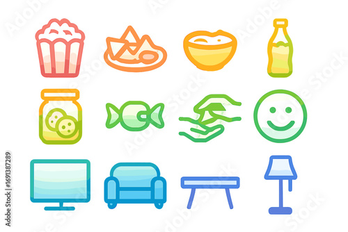 Snack Sharing Icons. Gradient icons set of snack sharing during show: popcorn bucket, nacho plate, salsa bowl, soda bottle, cookie
