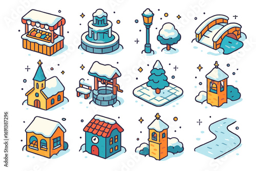 Snowy Village Icons. Colorful isometric vector icons set of snowy village life: marketplace stall in snow, frozen fountain, lamp